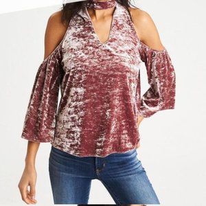 American Eagle Velvet Dusty Rose Pink Cold Shoulder High Neck Bell Sleeve Top